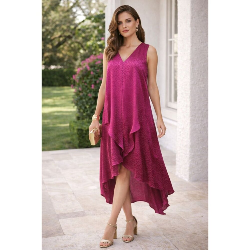 Soft Boho Leslie Fay Fuchsia High-Low Flow Dress | Effortless Chic| Size 12| NWT